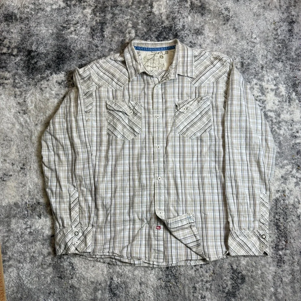 Quiksilver Mens‎ Plaid Western Long Sleeve Button Down Shirt Tan White Large